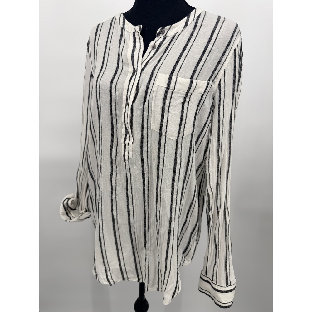 Lucky Brand Henley Tunic Womens Medium White Navy Blue Striped Long Sleeve Top